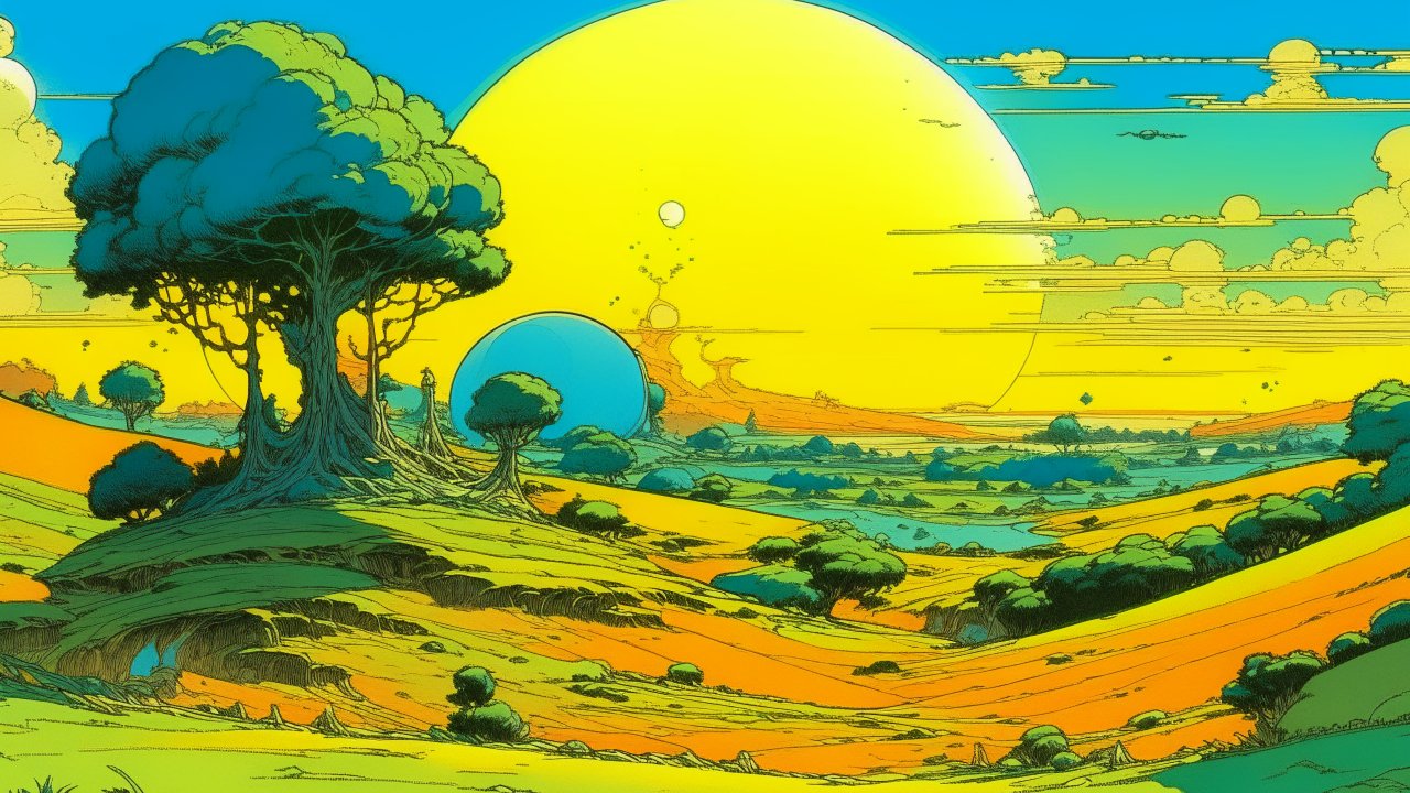 Vibrant Midday Sun Landscape with Surreal Trees