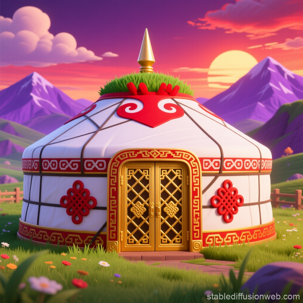 Vibrant Mongolian Yurt at Sunset in Stylized Landscape
