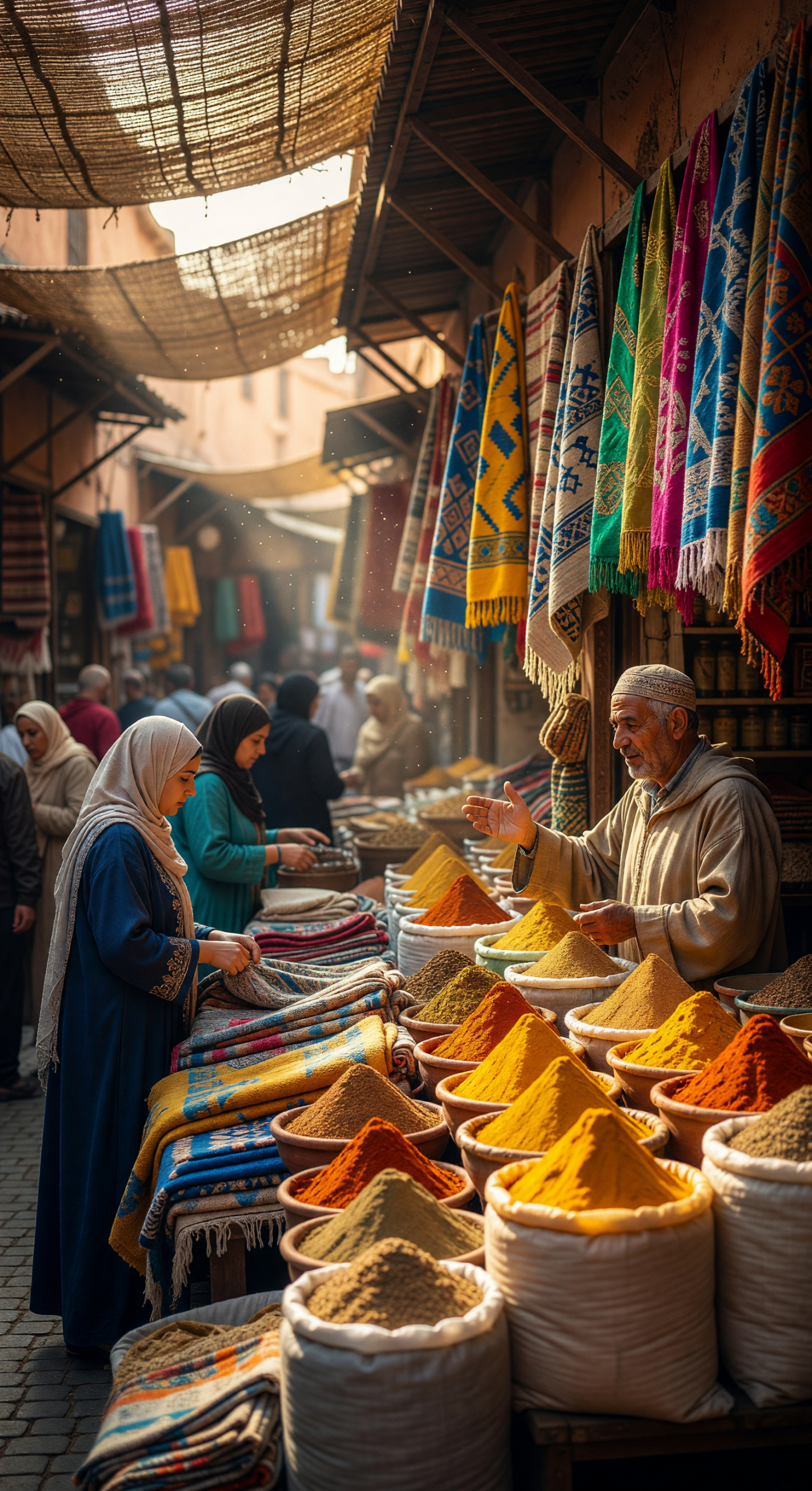Vibrant Moroccan Bazaar with Spices and Textiles