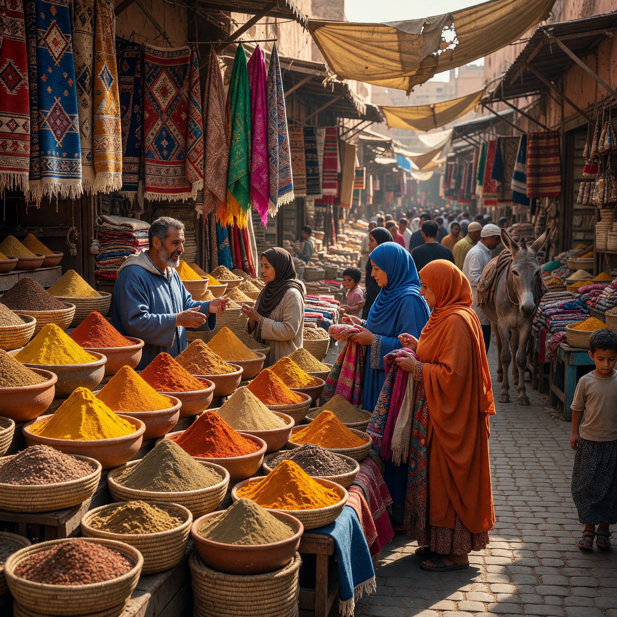 Vibrant Moroccan Market with Colorful Spices and Textiles