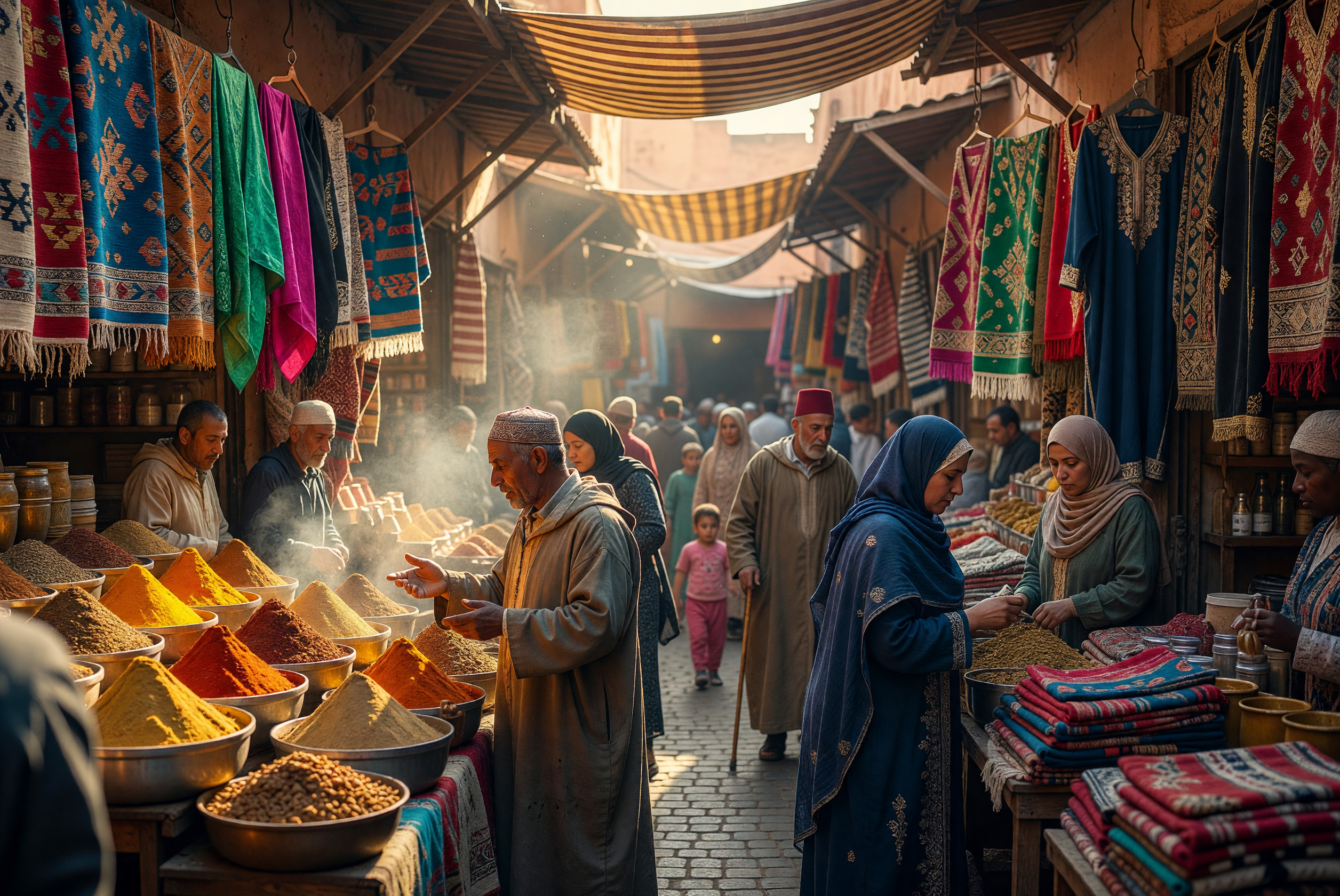 Vibrant Moroccan Market with Spices and Textiles