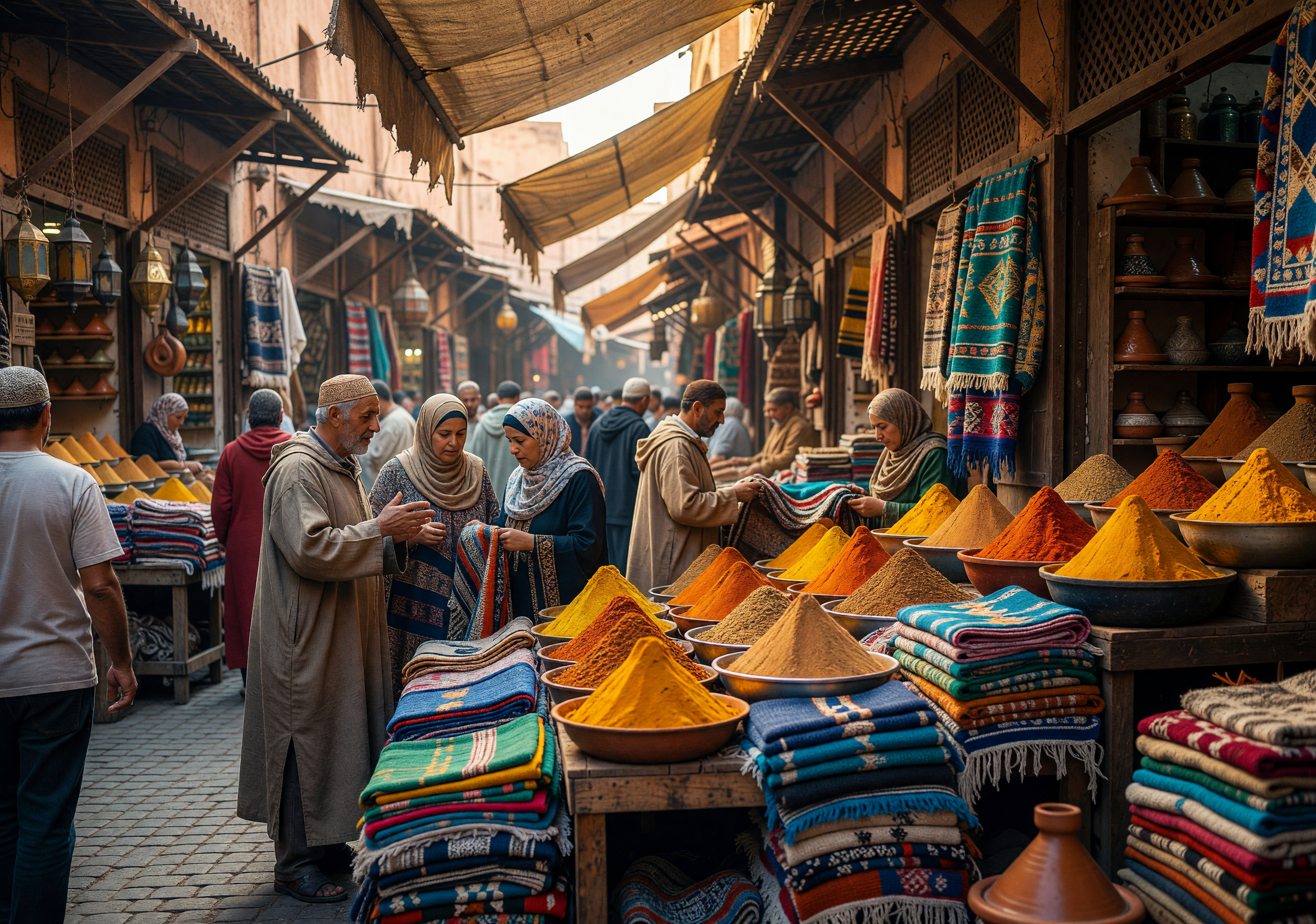 Vibrant Moroccan Market with Spices and Textiles