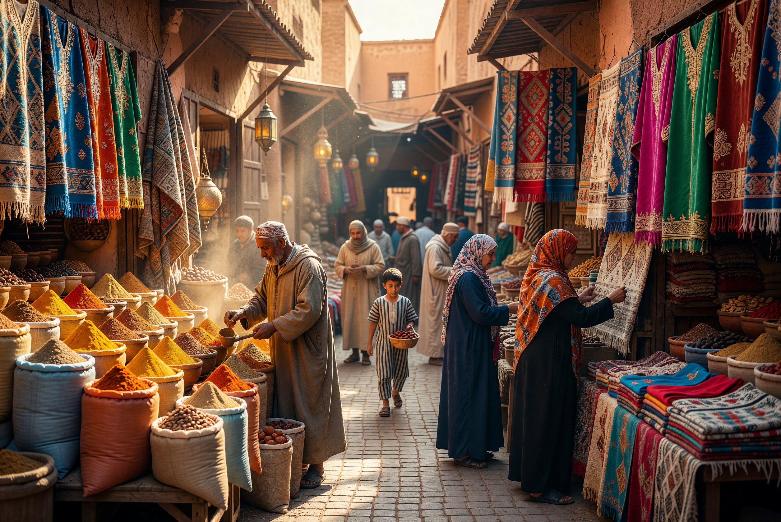 Vibrant Moroccan Market with Spices and Traditional Textiles