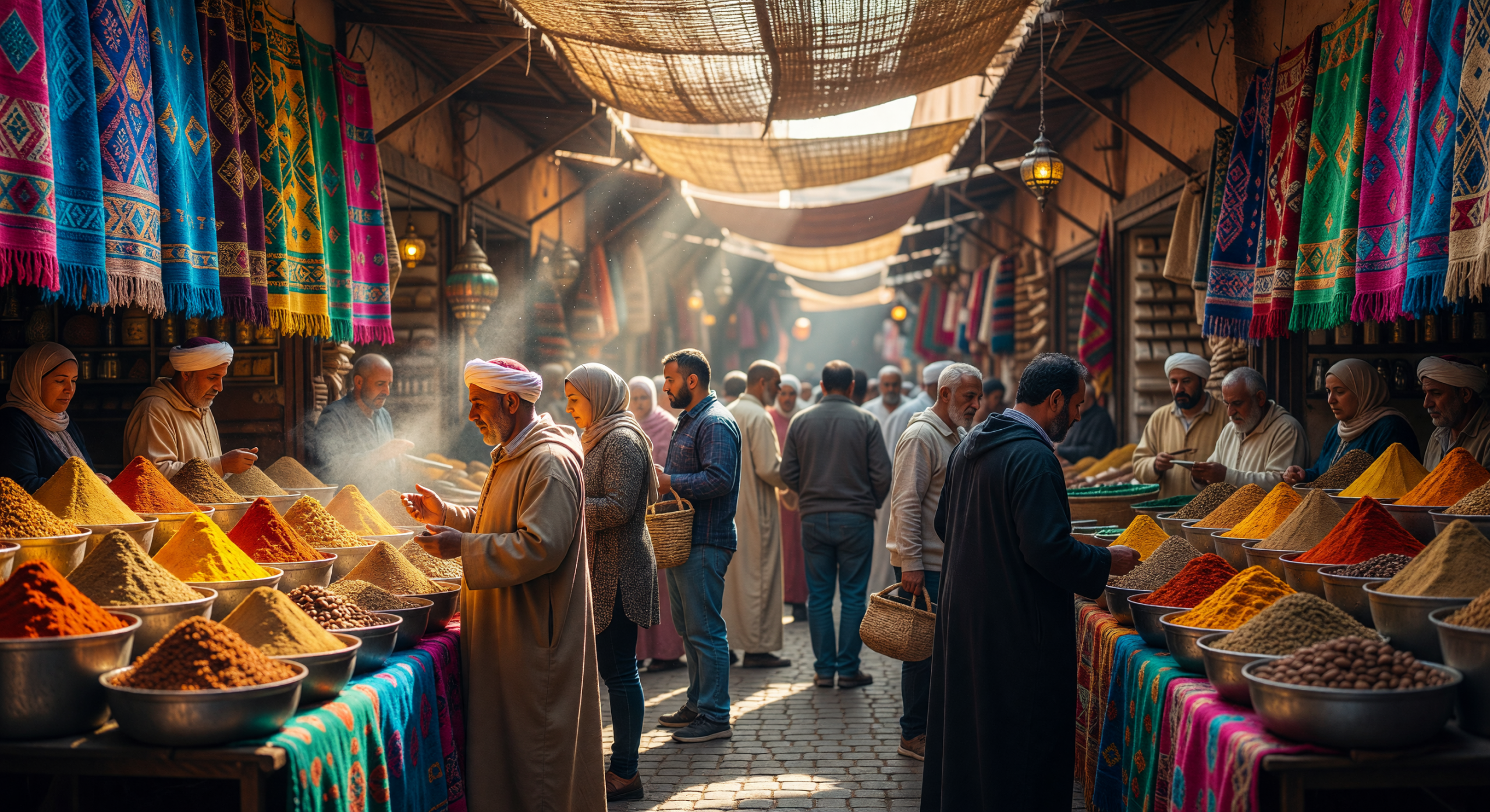 Vibrant Moroccan Souk with Colorful Spices and Textiles