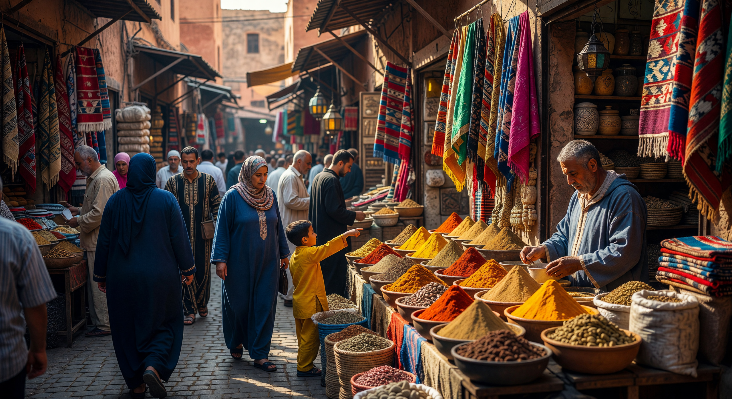 Vibrant Moroccan Souk with Colorful Spices and Textiles