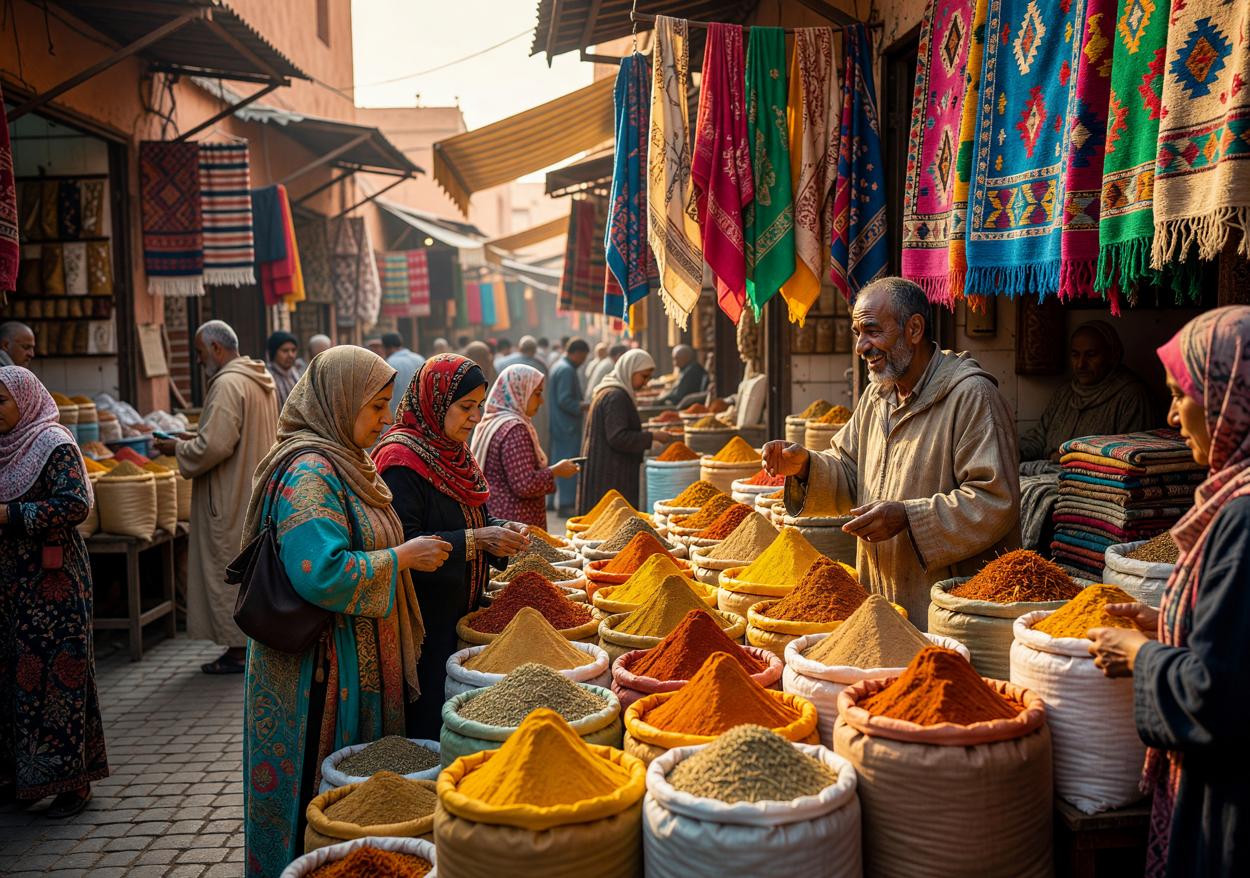 Vibrant Moroccan Souk with Colorful Spices and Textiles