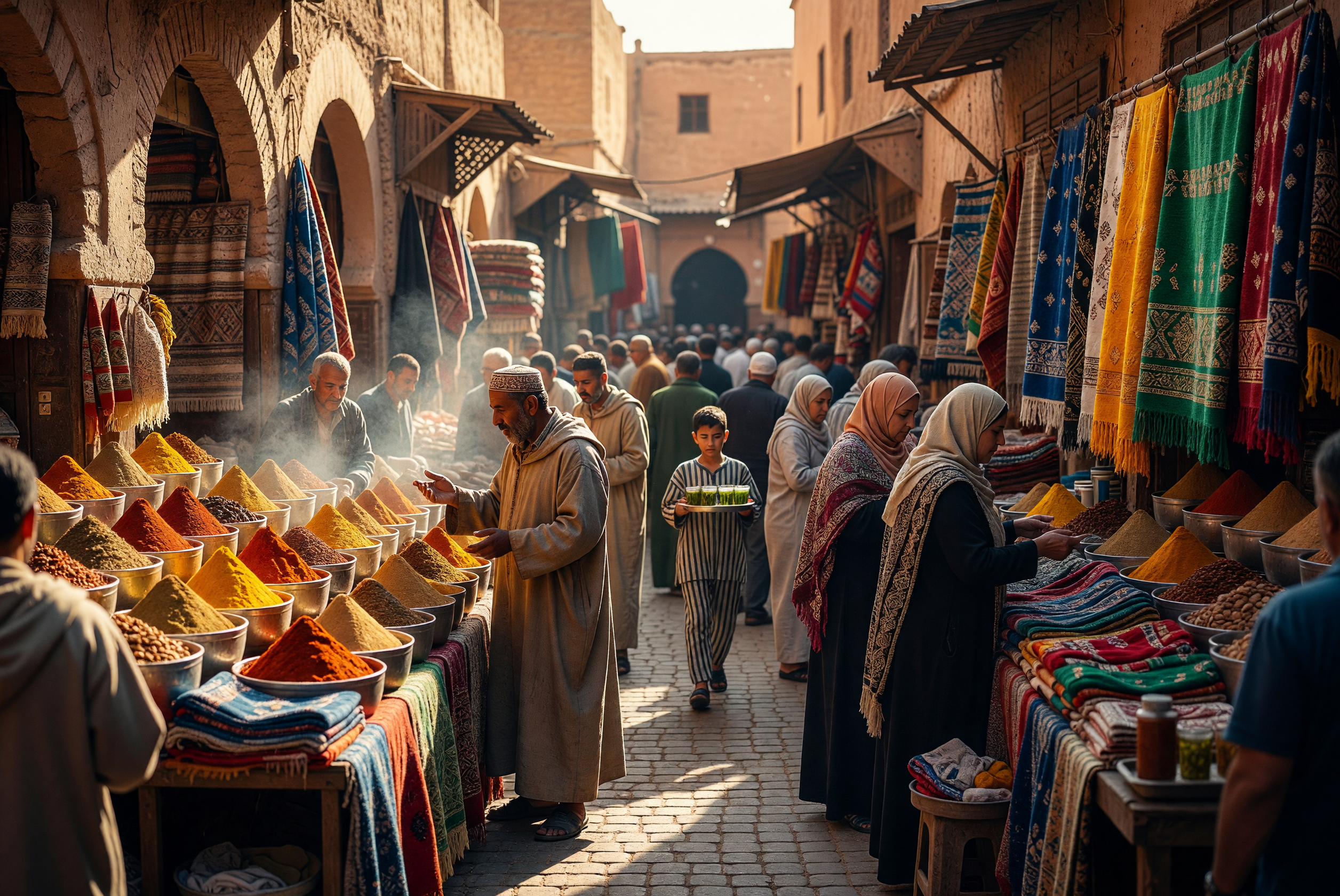 Vibrant Moroccan Souk with Colorful Spices and Textiles
