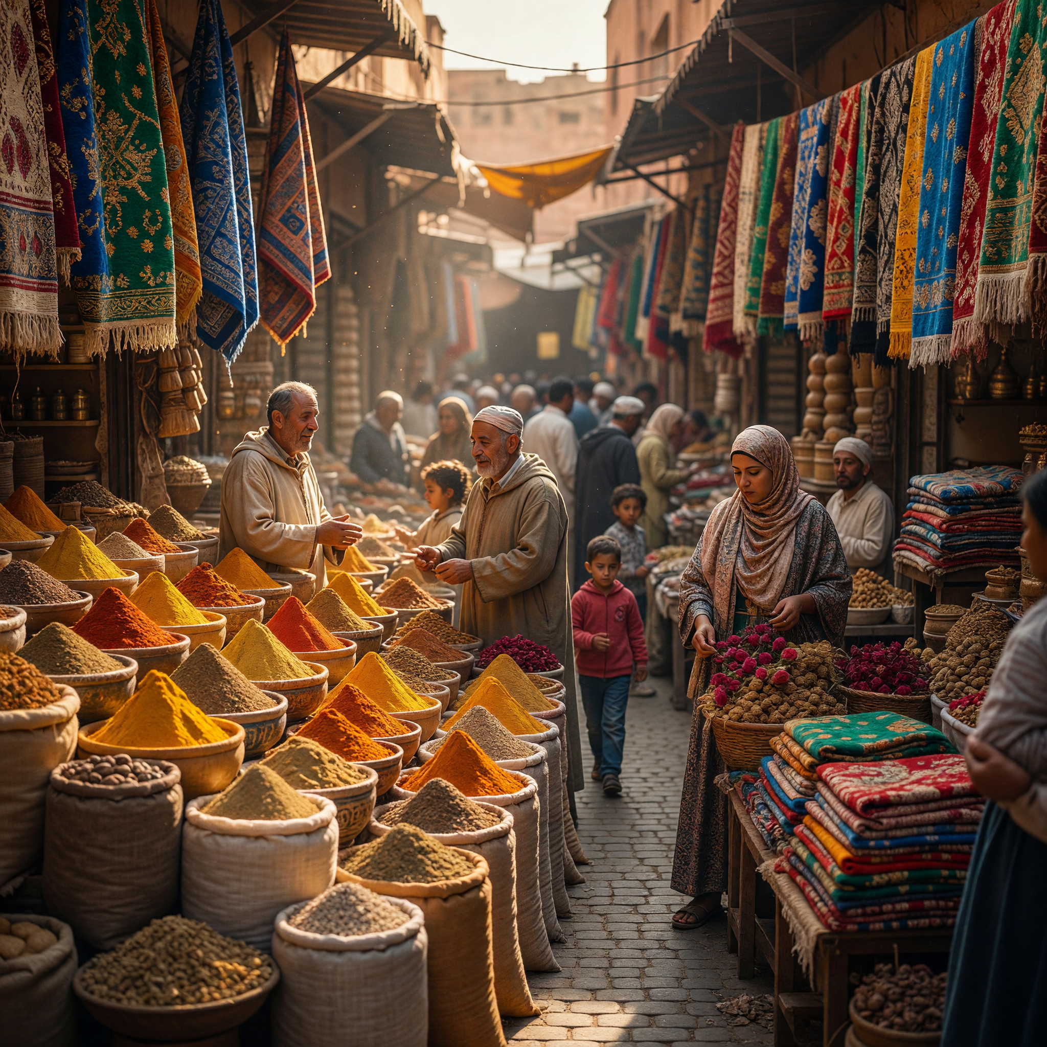 Vibrant Moroccan Souk with Spices and Textiles
