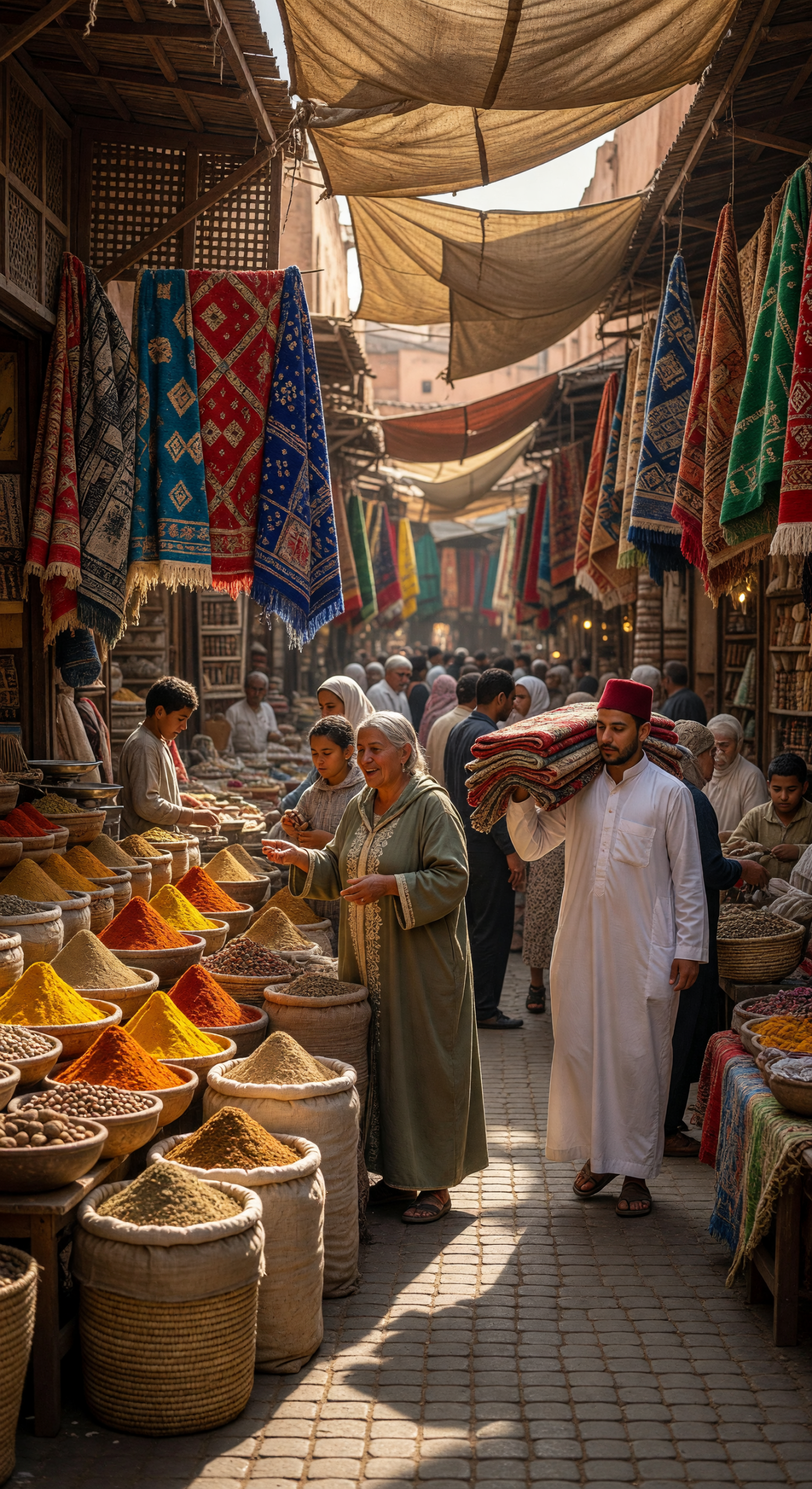 Vibrant Moroccan Souk with Spices and Textiles
