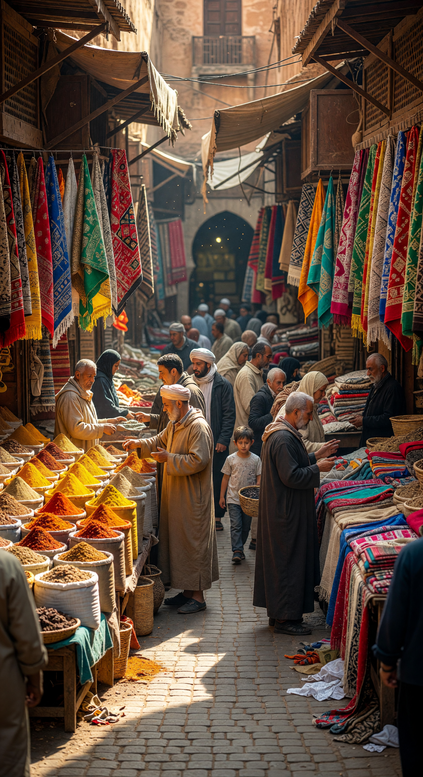 Vibrant Moroccan Souk with Spices and Textiles