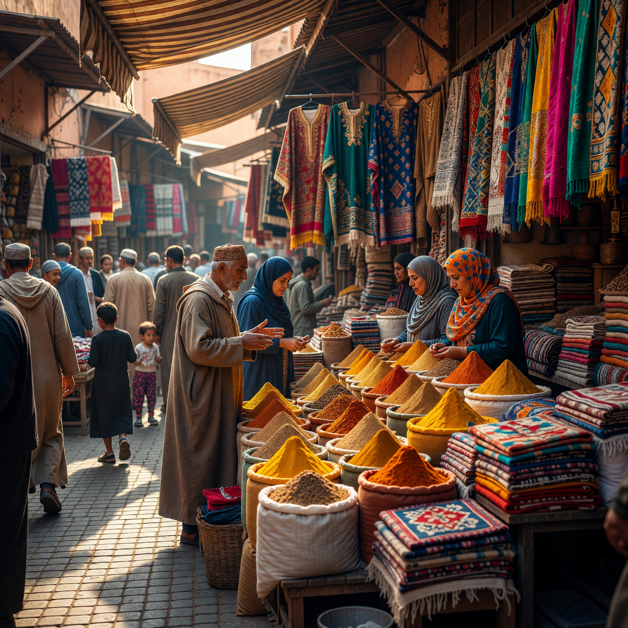 Vibrant Moroccan Souk with Spices and Traditional Textiles