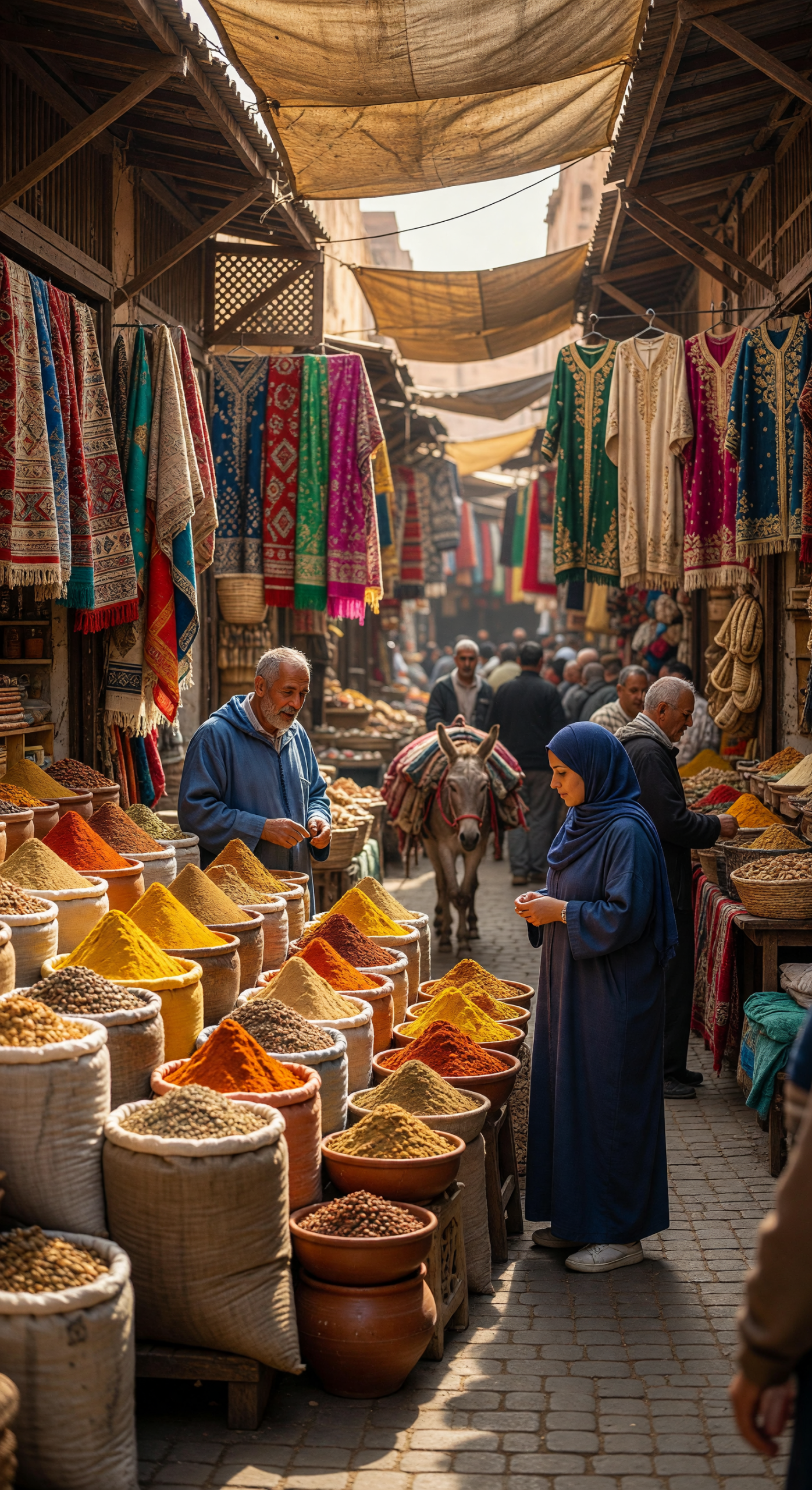 Vibrant Moroccan Spice Bazaar with Colorful Textiles