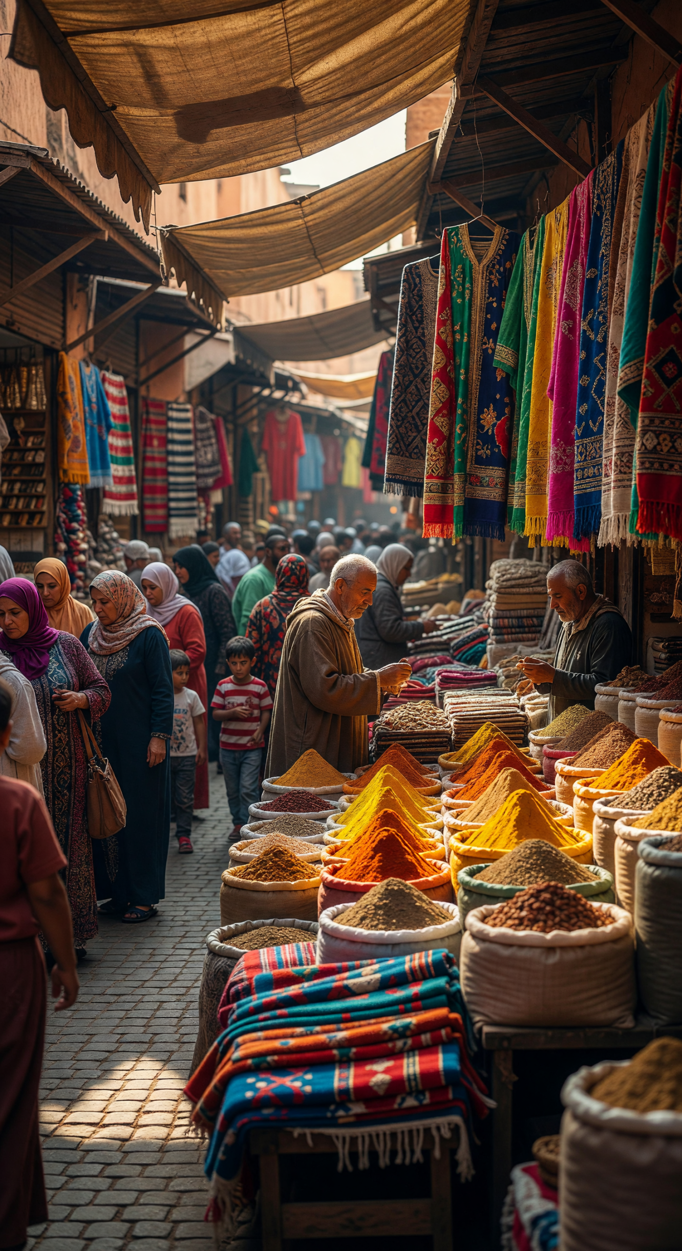 Vibrant Moroccan Spice Bazaar with Colorful Textiles