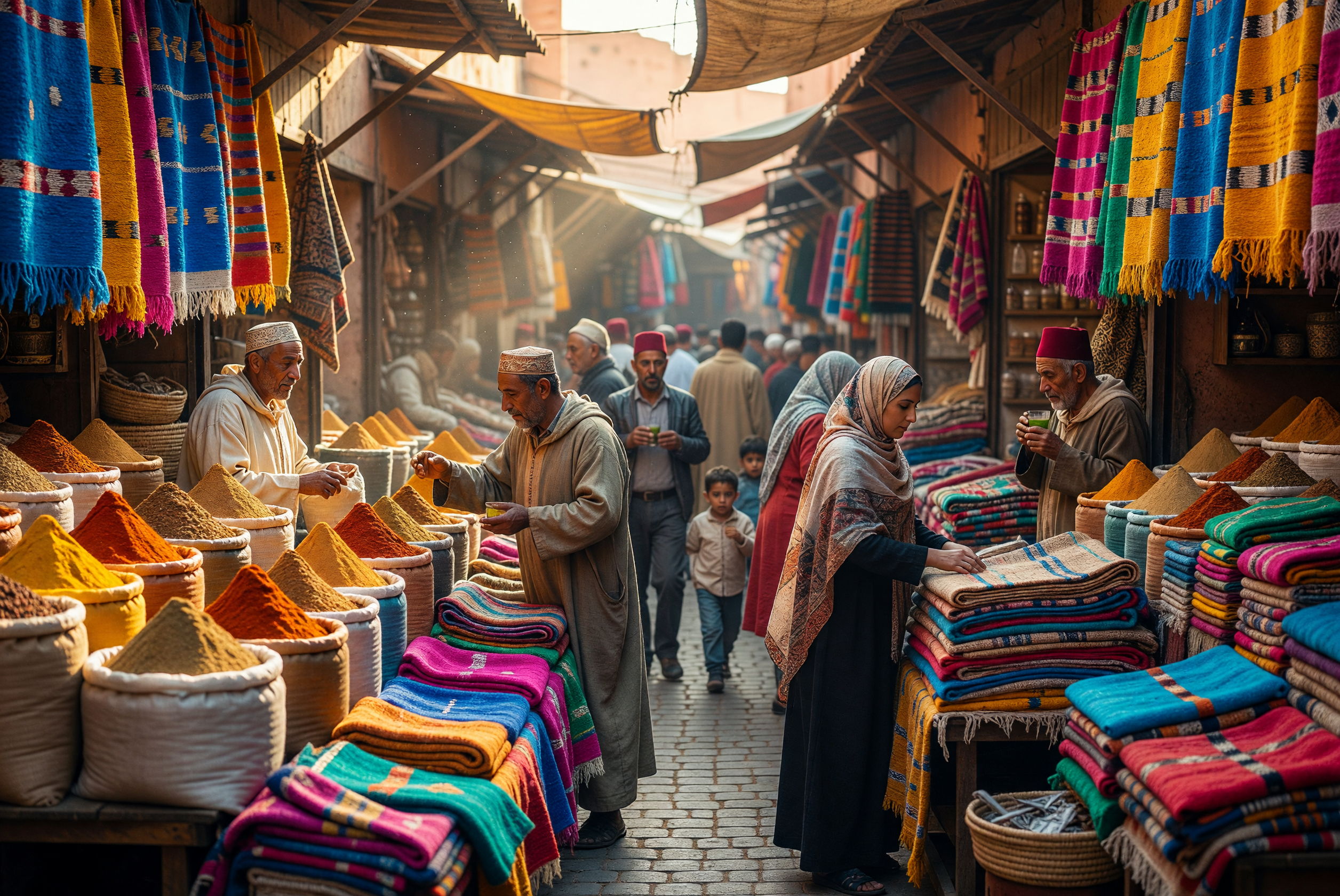 Vibrant Moroccan Spice Market with Colorful Textiles