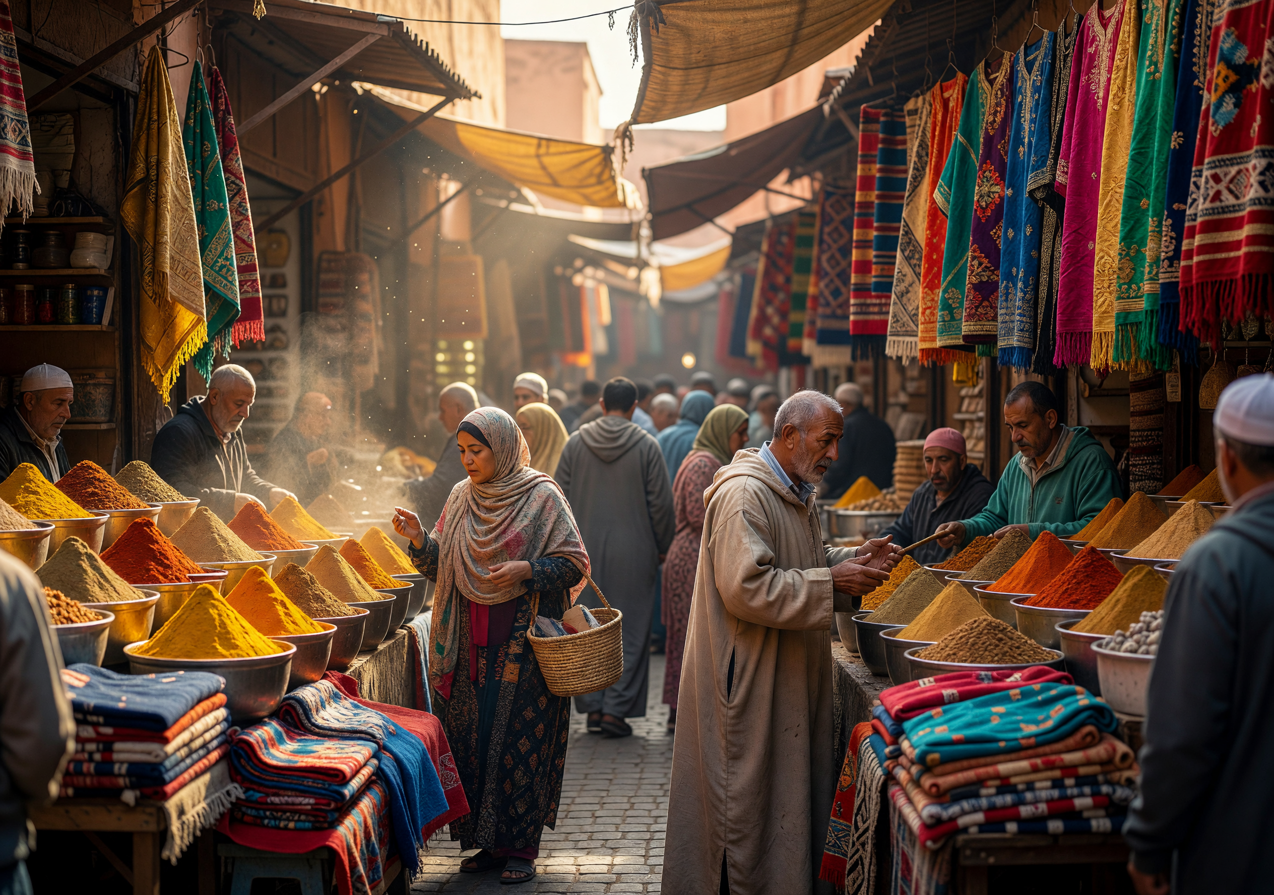 Vibrant Moroccan Spice Market with Colorful Textiles