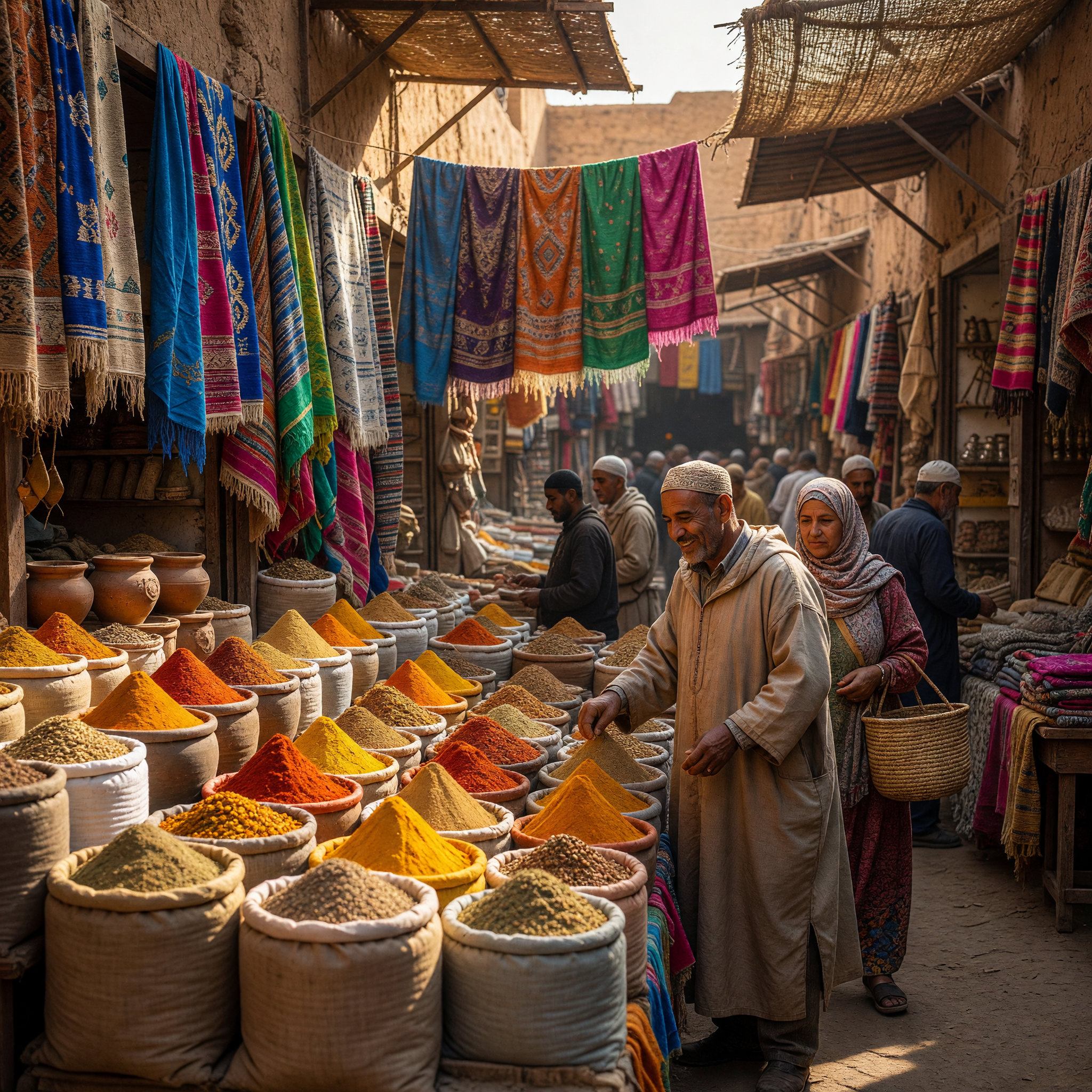 Vibrant Moroccan Spice Market with Colorful Textiles