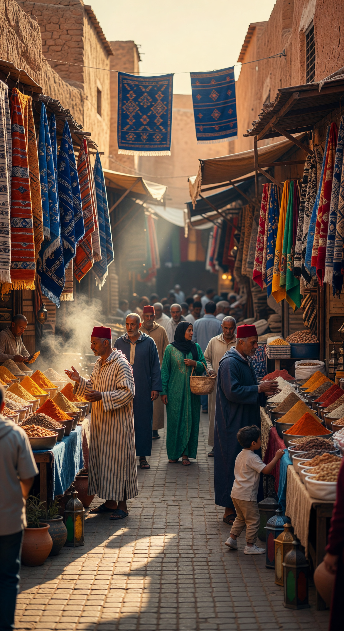 Vibrant Moroccan Spice Souk with Traditional Textiles