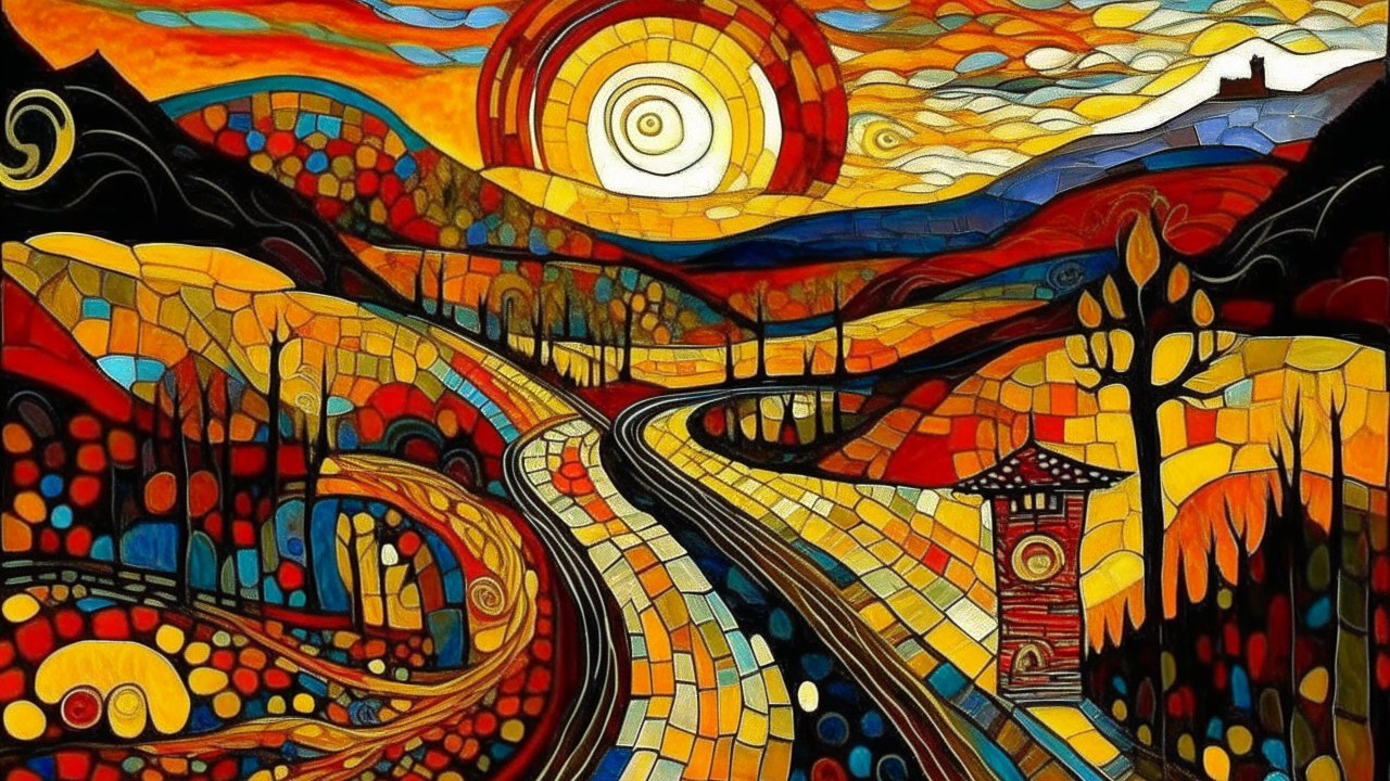 Vibrant Mosaic Landscape with Winding Road and Radiant Sun