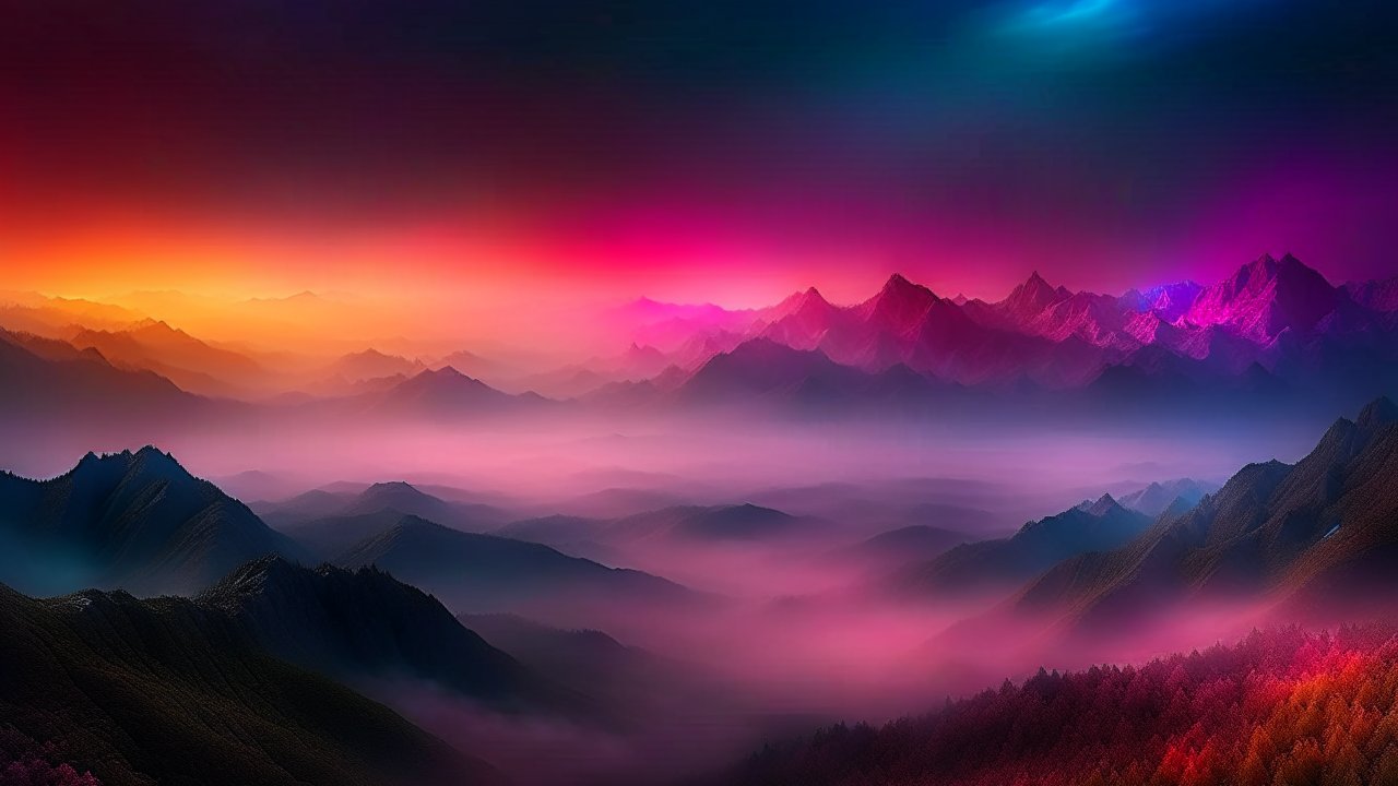 Vibrant Mountain Panorama with Colorful Fog at Sunset