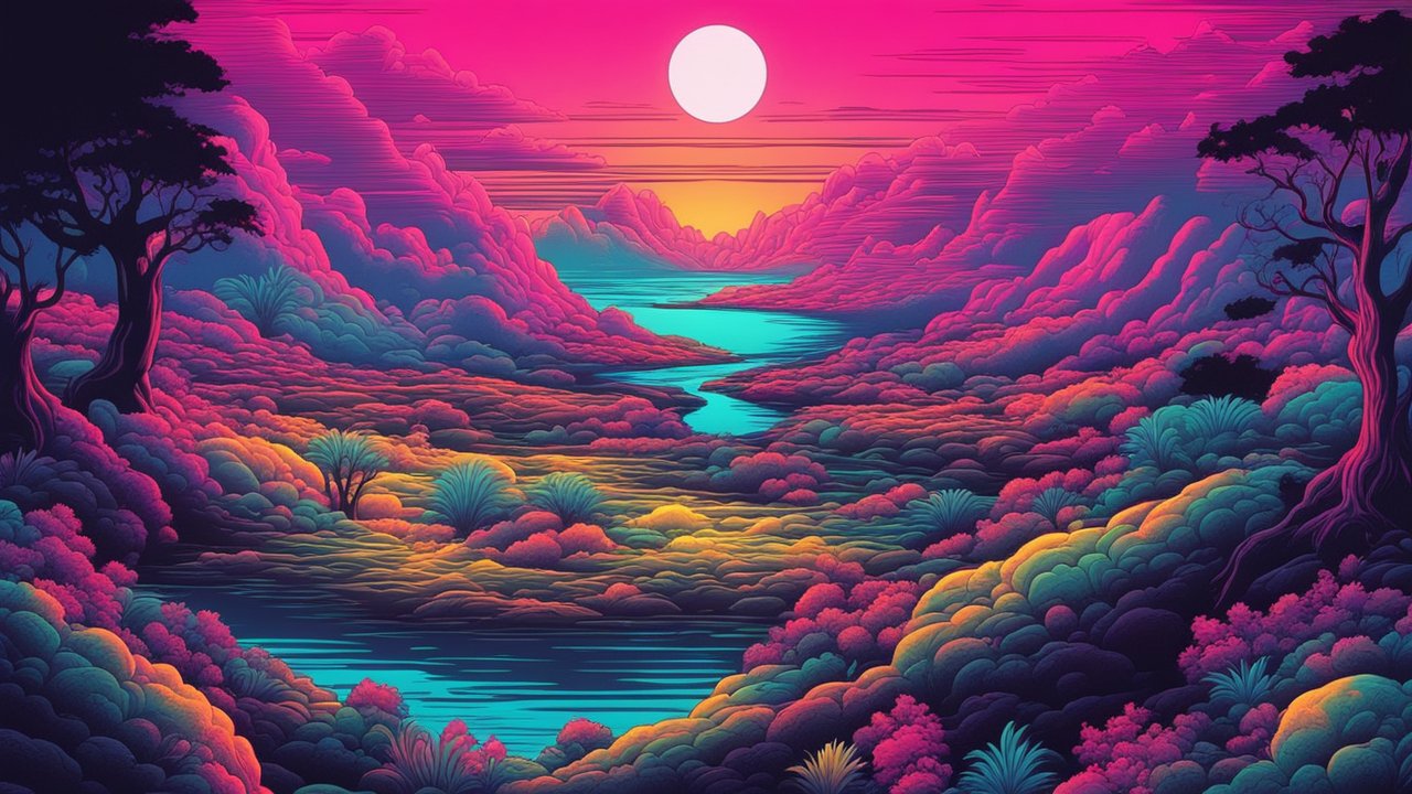 Vibrant Mythical Landscape at Sunset in 80s Comic Style