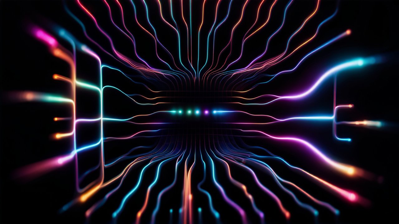 Vibrant Neon Circuit Lines in Futuristic Abstract Design