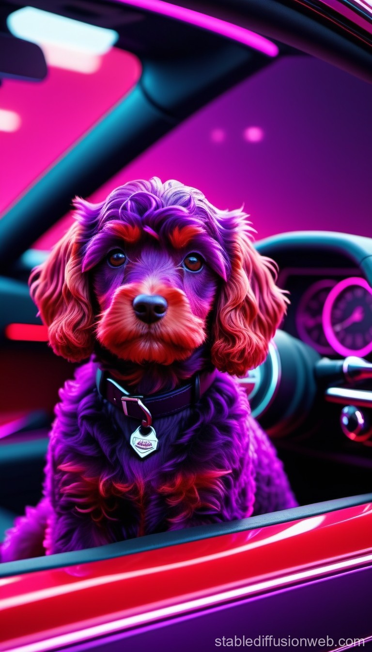Vibrant Neon Dog Sitting in Car Interior