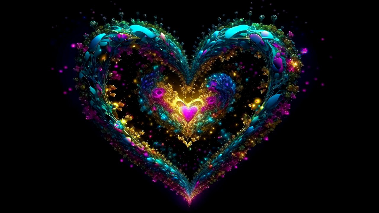 Vibrant Neon Fractal Heart in Abstract Digital Art