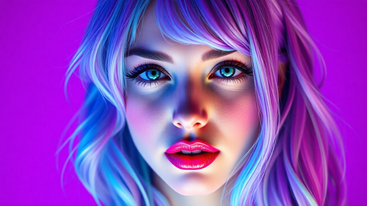 Vibrant Neon Portrait of a Woman with Blue and Purple Hair