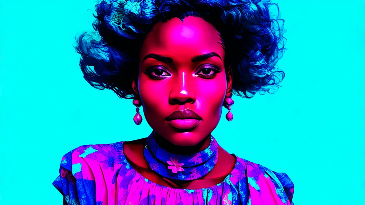 Vibrant Neon Portrait of a Woman with Blue Hair