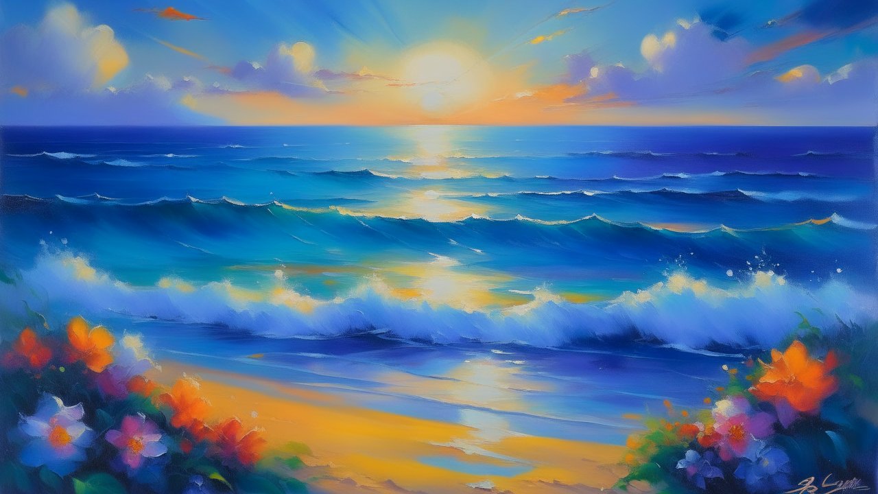 Vibrant Ocean Sunset with Colorful Flowers