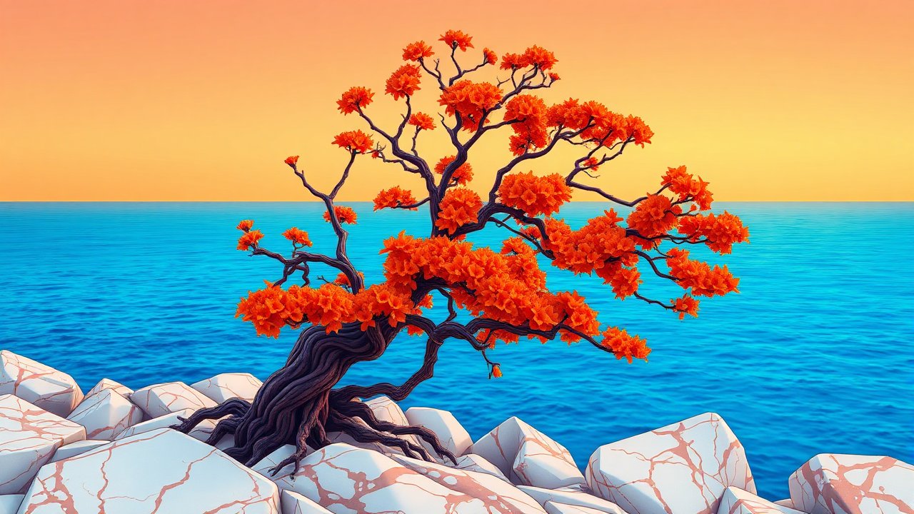 Vibrant Orange Flowered Tree by the Ocean at Sunset