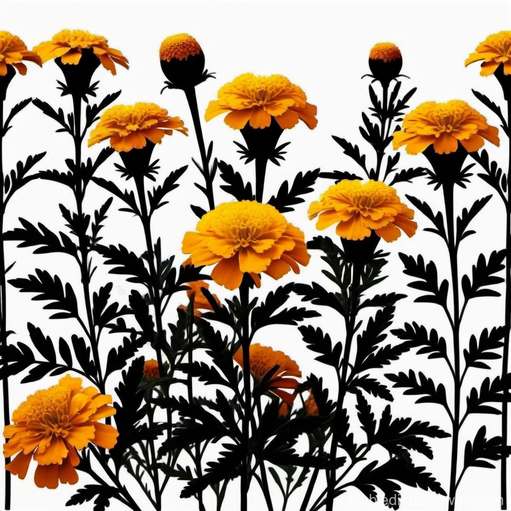 Vibrant Orange Marigold Flowers with Dark Silhouetted Leaves