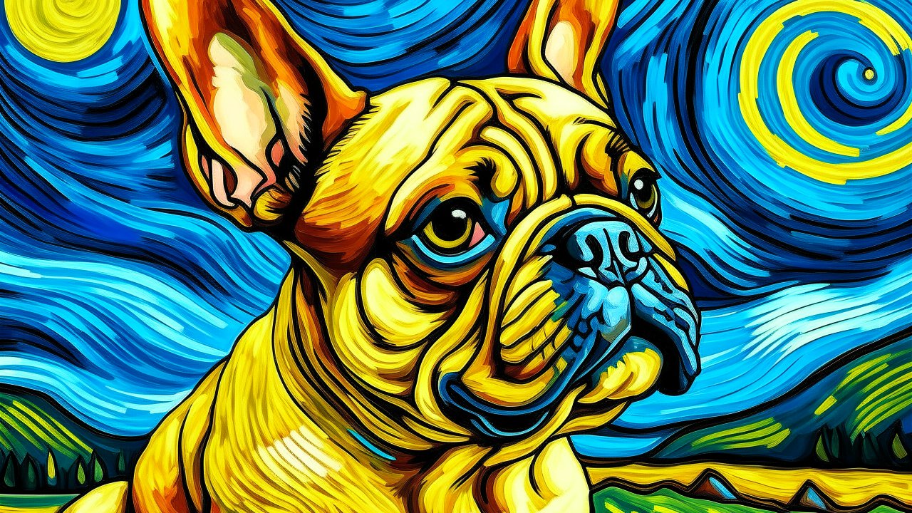 Vibrant Painting of a French Bulldog in Starry Night Style