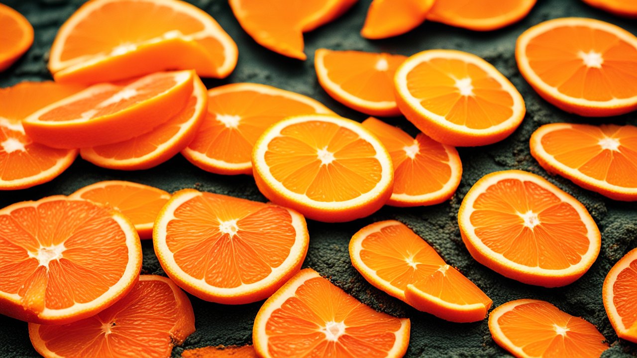 Vibrant Photorealistic Orange Slices on Dark Surface