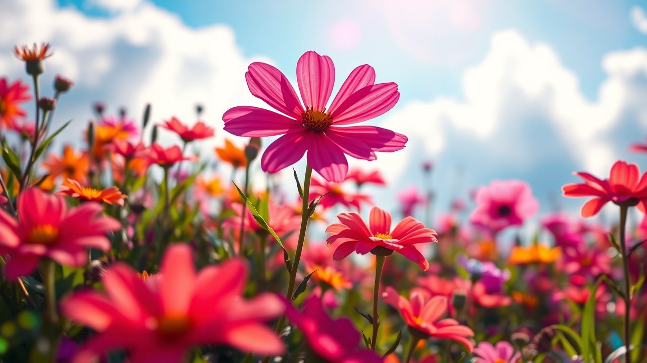 Vibrant Pink Flowers in a Sunny Field
