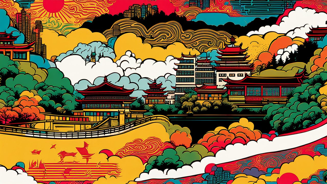 Vibrant Pop Art Landscape with Traditional Asian Architecture