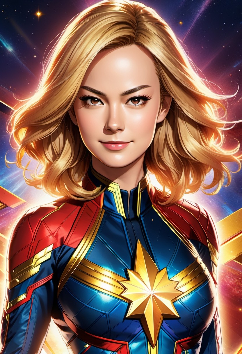 Vibrant Portrait of a Female Superhero in Cosmic Armor