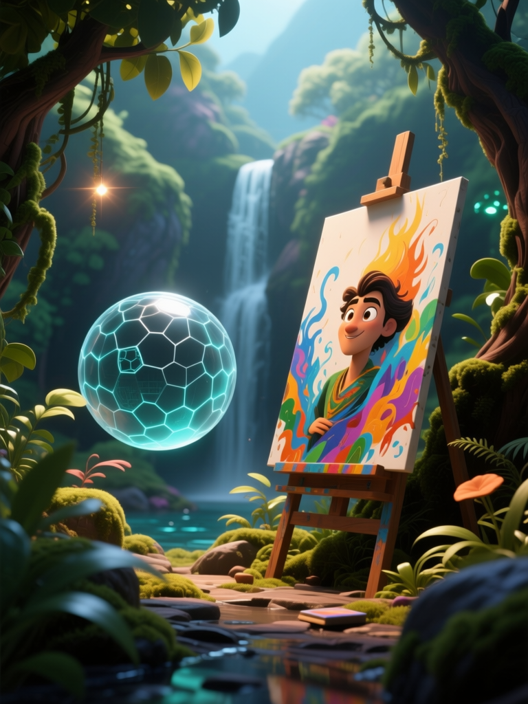 Vibrant Portrait Painting in Enchanted Forest with Futuristic Orb
