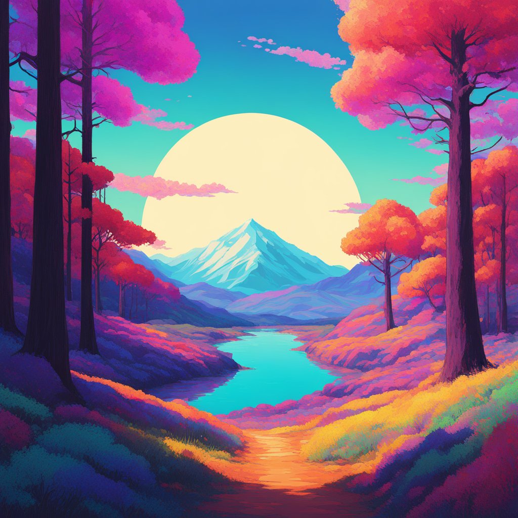Vibrant Psychedelic Landscape with Mountain and River