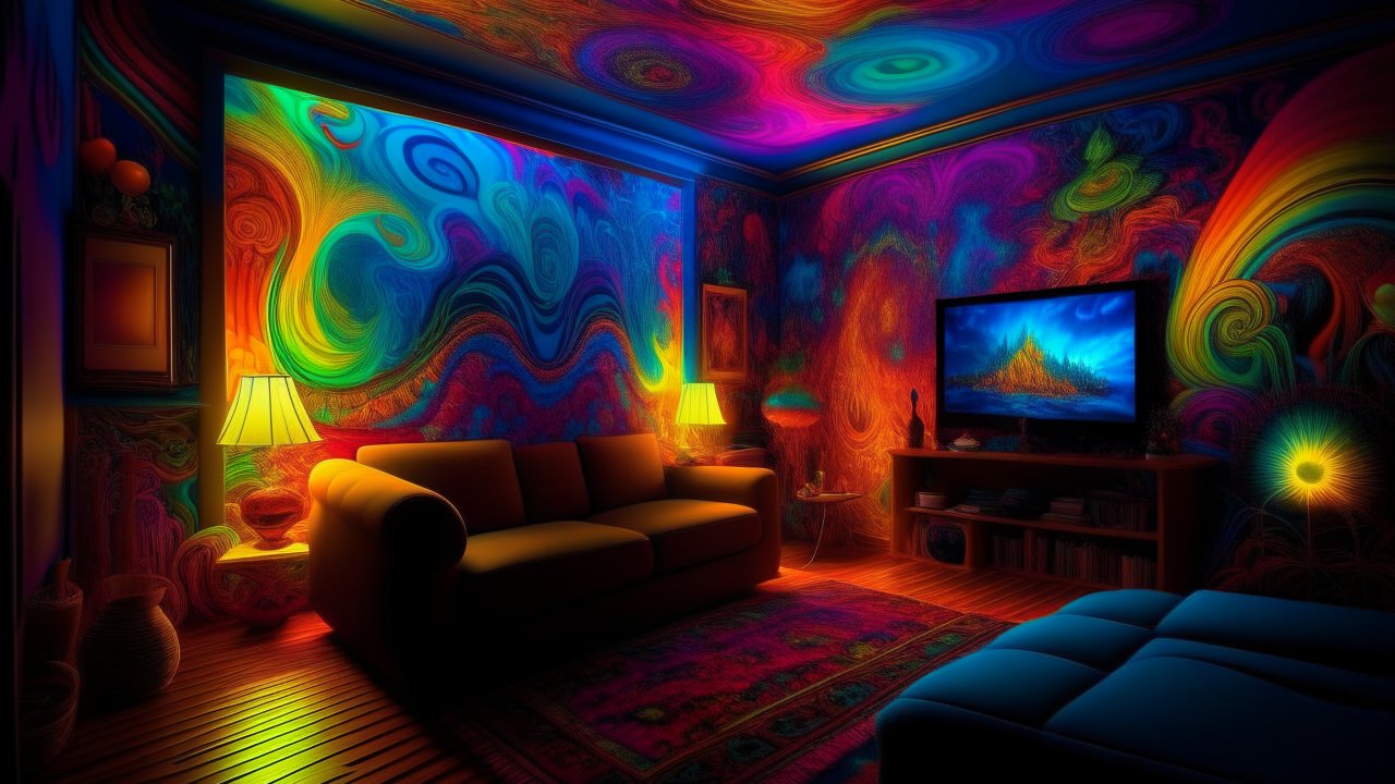 Vibrant Psychedelic Living Room with Swirling Colors