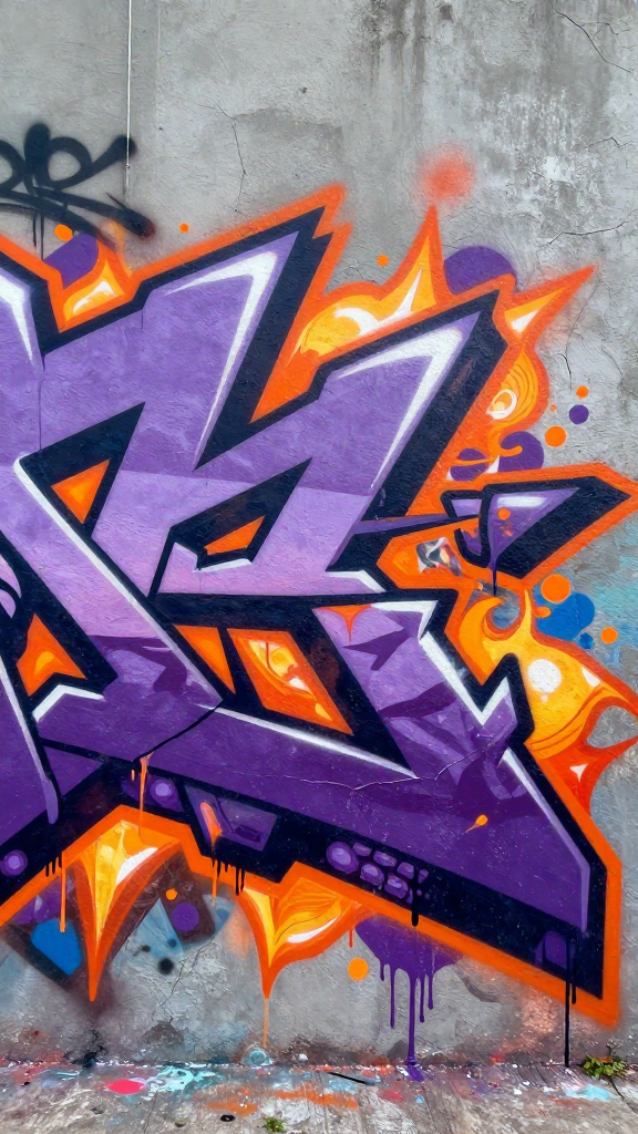 Vibrant Purple and Orange Graffiti Mural on Concrete Wall