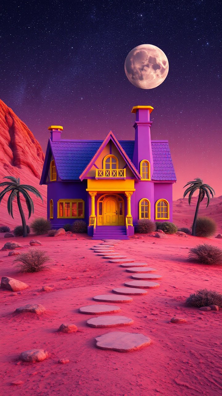 Vibrant Purple House Under a Full Moon in a Desert Landscape