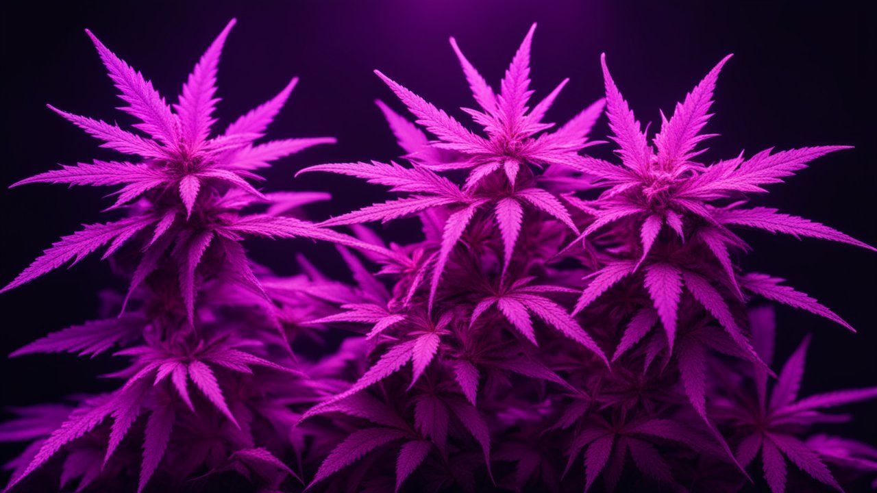 Vibrant Purple Marijuana Plants Under Dramatic Lighting