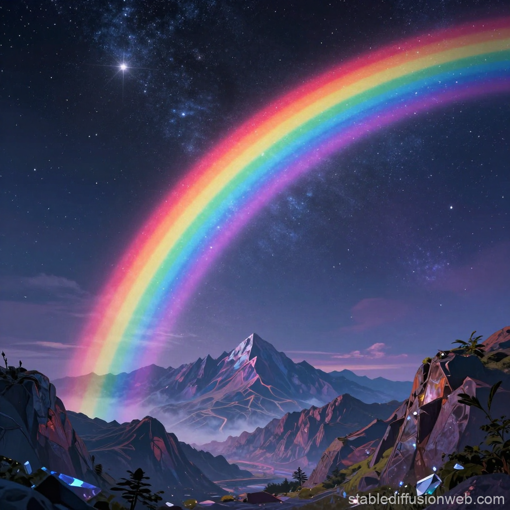 Vibrant Rainbow Arching Over Mystical Mountain Landscape