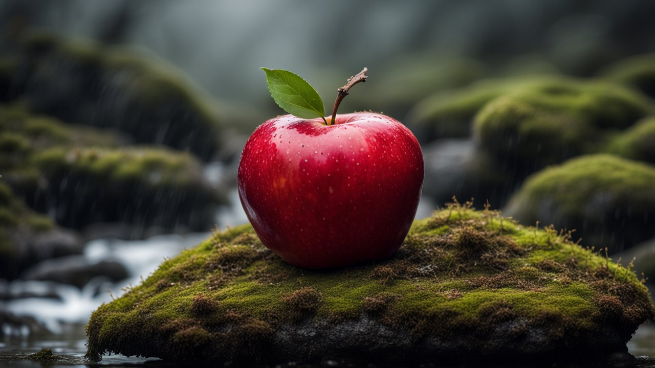Vibrant Red Apple on Mossy Rock in Rainy Forest