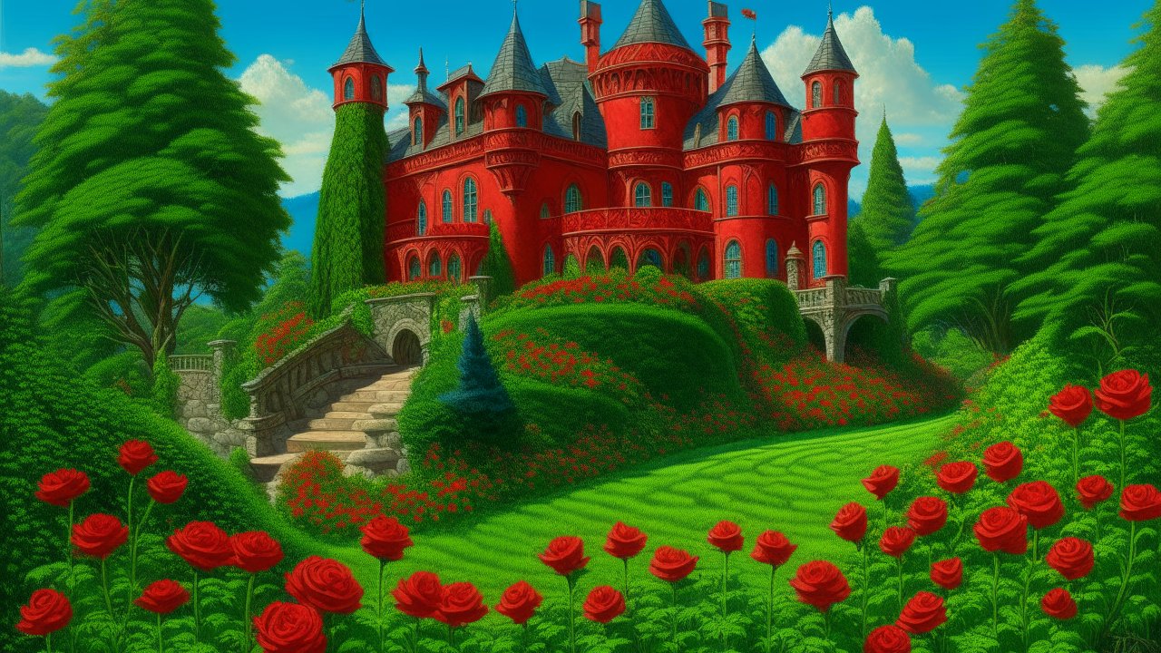 Vibrant Red Castle Surrounded by Lush Gardens and Roses