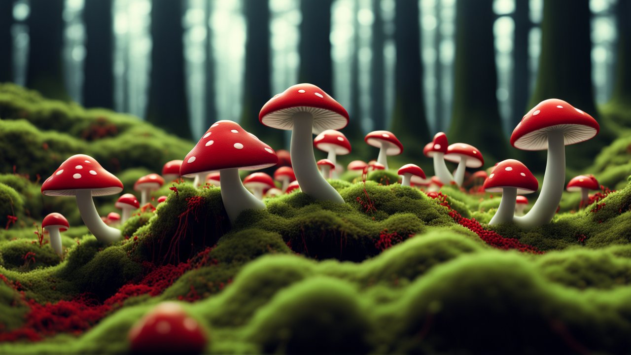 Vibrant Red Mushrooms Growing on Mossy Forest Floor