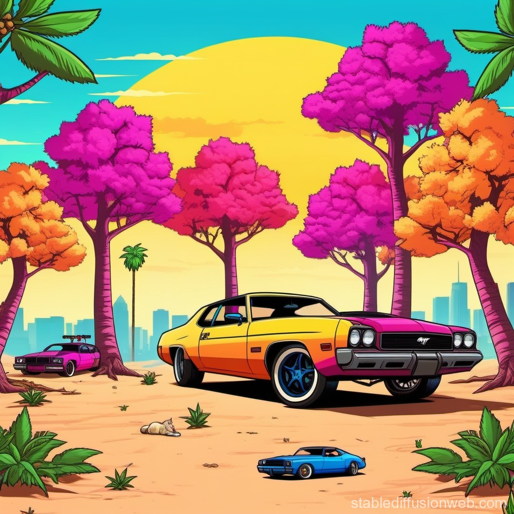 Vibrant Retro Cars in a Colorful Fantasy Landscape