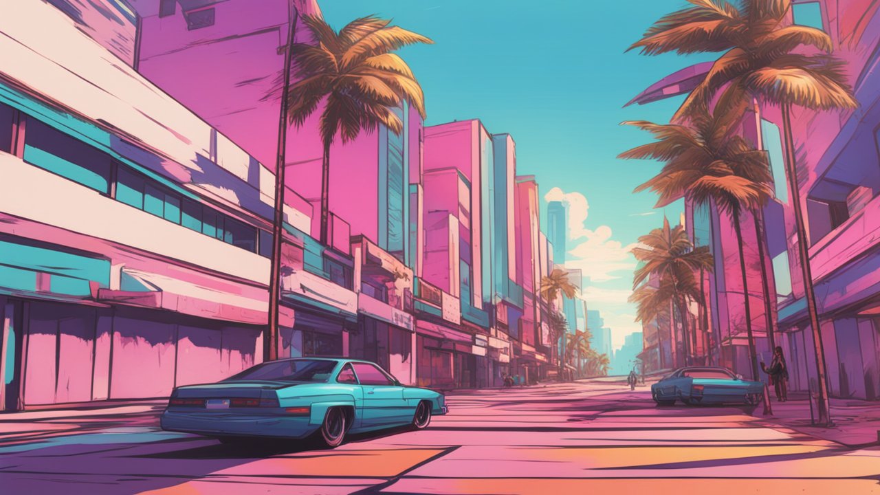 Vibrant Retro City Street with Palm Trees and Classic Cars