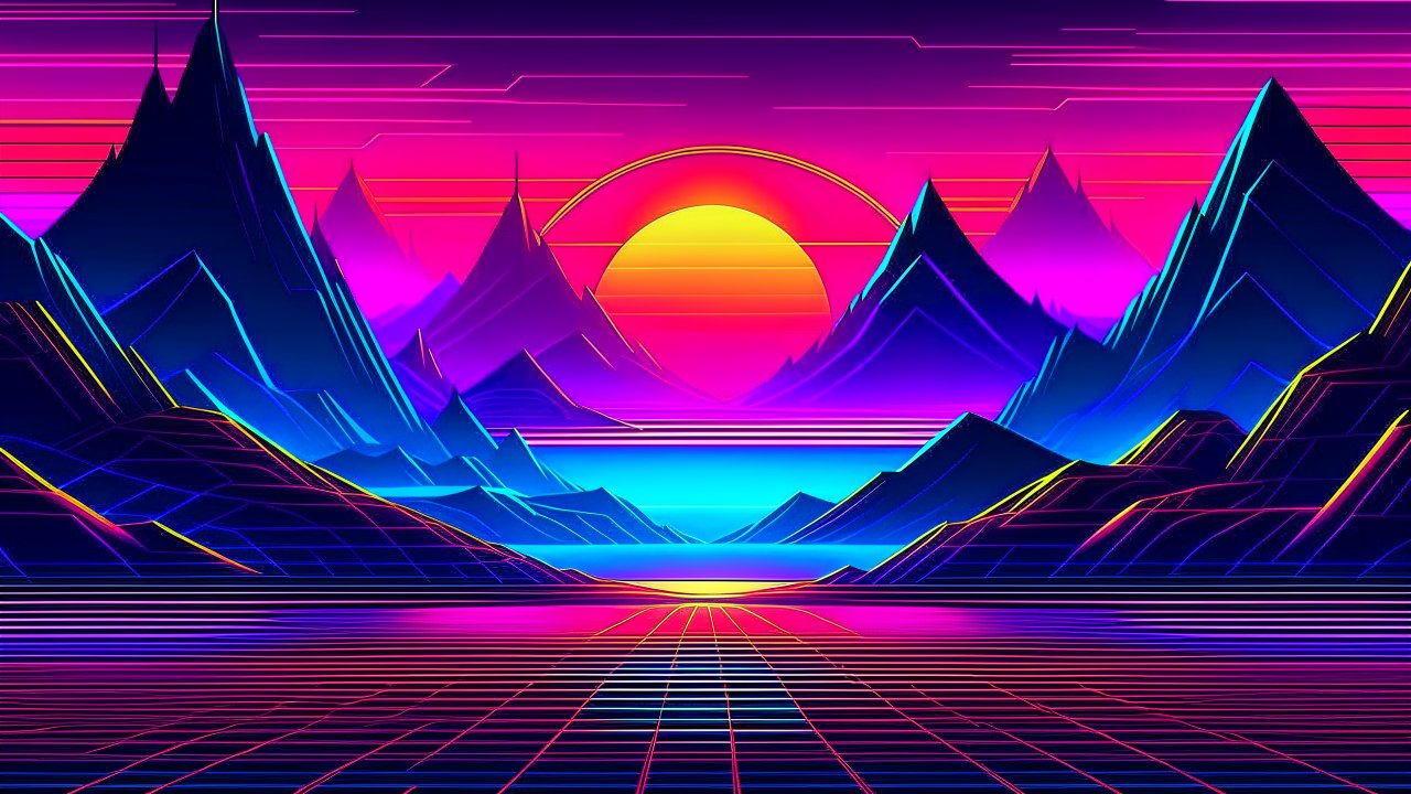 Vibrant Retro Futuristic Neon Landscape at Sunset